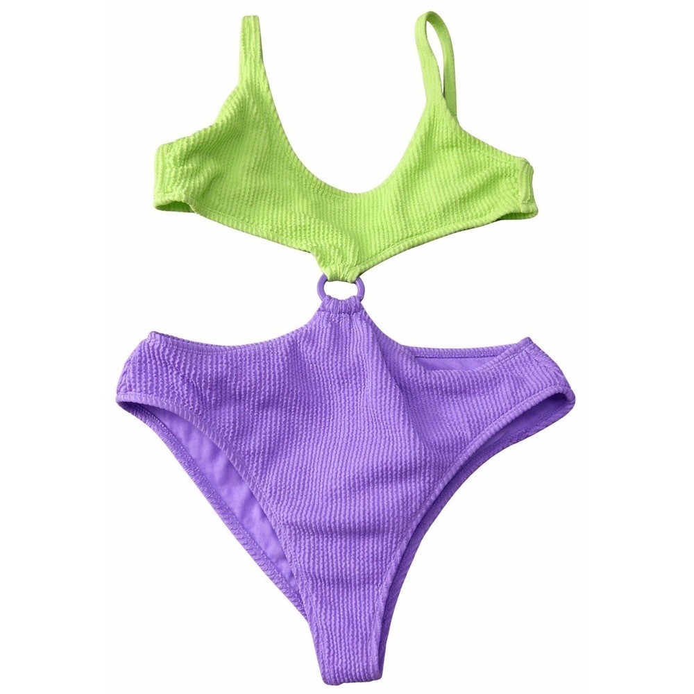 Salt & Cove Women's Color-block One-Piece Swimsuit Monokini Purple Green L